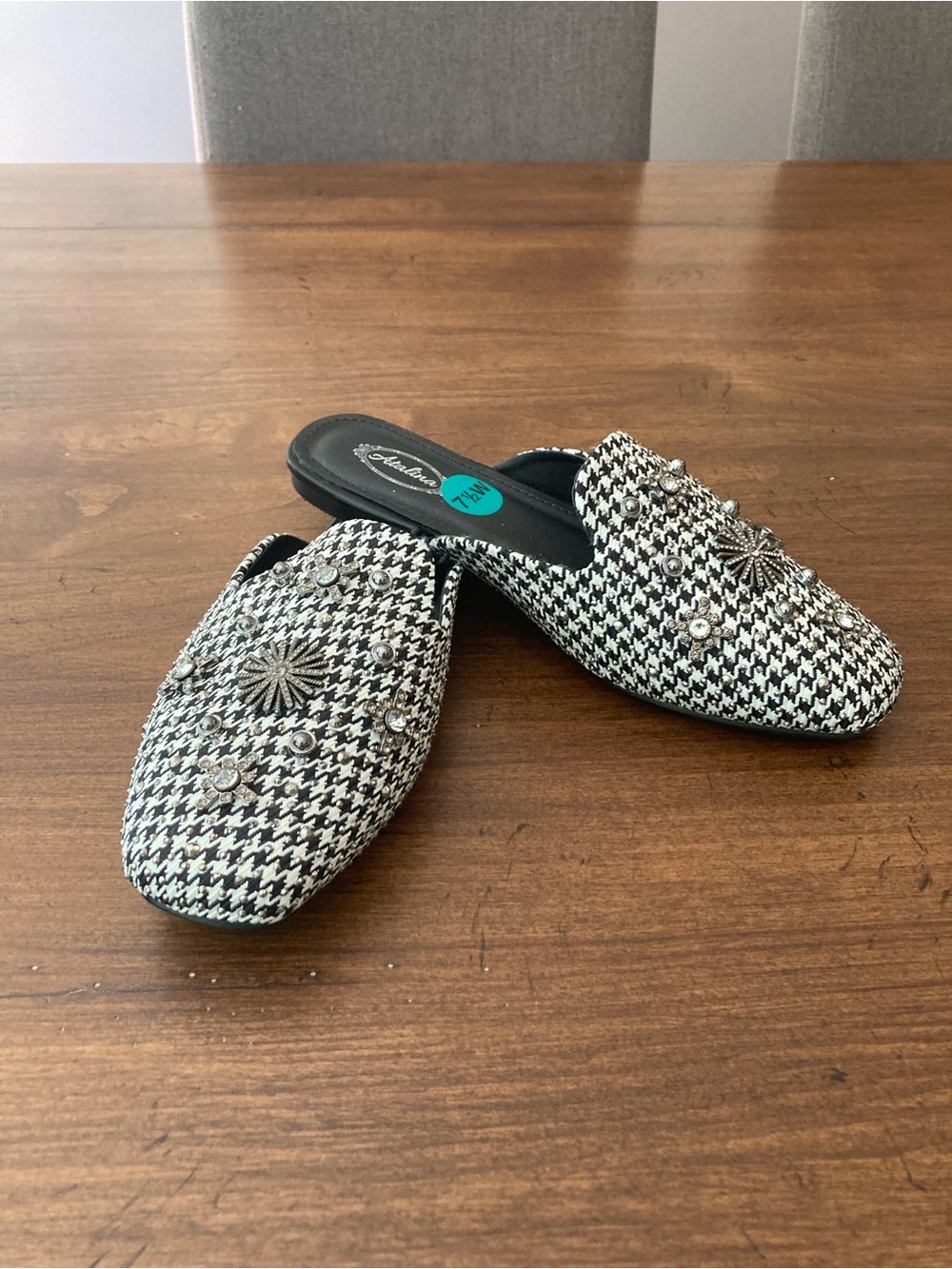 Embellished Houndstooth Slip-On Mules Flats - Black & White. 7.5 Wide width